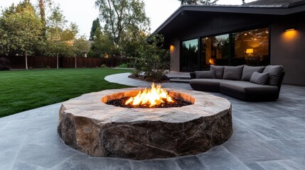 This image highlights a beautiful stone fire pit surrounded by lush green grass, providing an inviting and serene atmosphere for outdoor gatherings and relaxation.