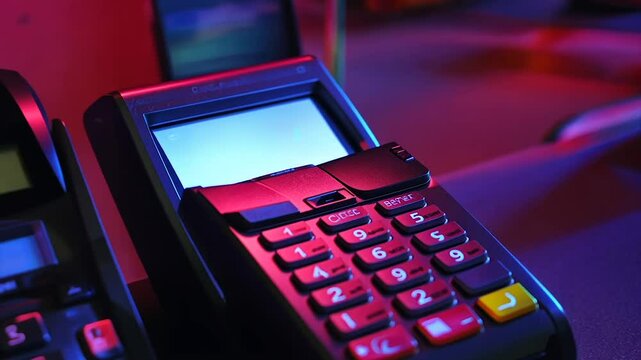 Payment terminal with keypad under colorful lights