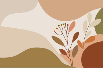Minimalist background using aesthetic earthy colors such as warm beige, terracotta, olive green, and muted brown. Incorporate gentle abstract shapes and delicate floral elements.