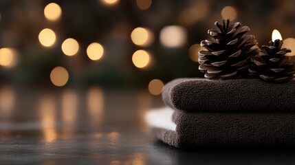 Obraz premium Dark brown towels with pine cones, warm holiday lights
