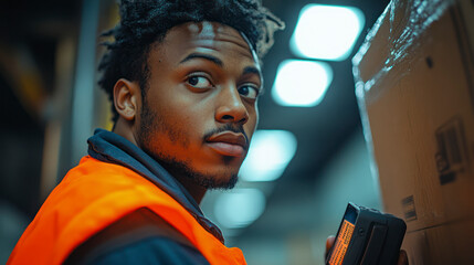 Warehouse worker scans package with mobile device