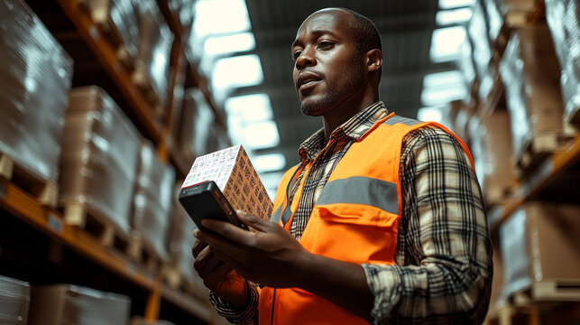 Warehouse worker scans package with mobile device