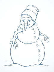 Snowman in snow. Vector drawing.