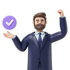 Man presenting a checkmark, symbolizing approval or correctness. 3D rendering, conceptual image. Isolated on white background.