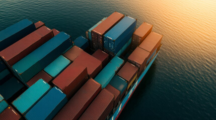 Fototapeta premium Aerial view of cargo ship loaded with colorful containers