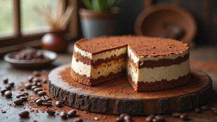 Delicious Tiramisu Cake &ndash; Creamy Italian Layered Dessert with Cocoa Topping, Mascarpone, Espresso Flavor, and Elegant Plating for Gourmet Food Visuals