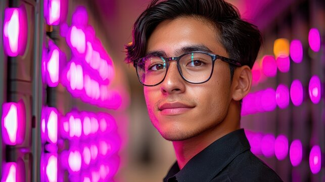 Portrait of a young man with glasses against a backdrop of vibrant purple lights. A modern and stylish image capturing the essence of youthful energy and urban flair.