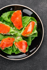 Salmon sandwich red fish seafood appetizer dish fresh tasty gourmet food background on table rustic food top view copy space pescetarian diet