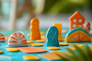 Fototapeta premium Colorful wooden game pieces arranged on a vibrant teal board game.