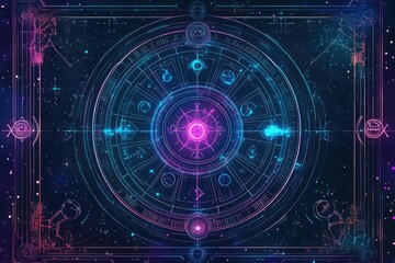 Astrology inspired futuristic tarot card design with holographic zodiac symbols