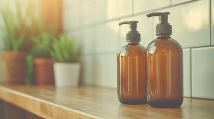 Amber pump bottles on wooden counter with potted plants