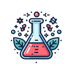 Colorful laboratory flask with red liquid and stars in playful style