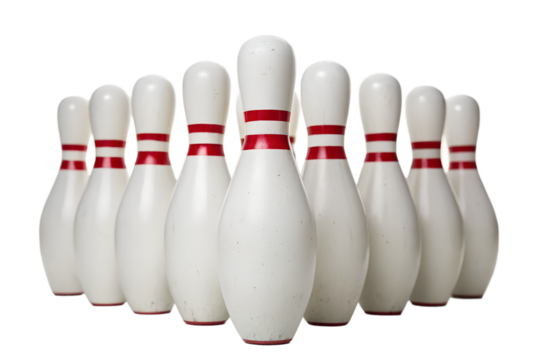 Bowling Pins Arranged on White Background, Game Setup, Sports Equipment - Powered by Adobe