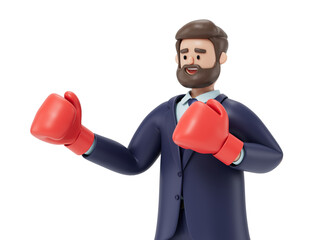 Man with boxing gloves, symbolizing readiness to tackle challenges. 3D rendering, conceptual image. Isolated on white background.