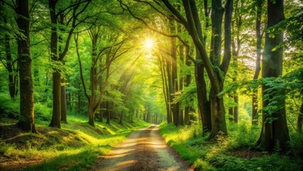 Obraz premium Sunlit Path Through a Verdant Forest Canopy, Illuminated by Golden Rays of Dawn