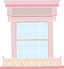 vintage window with decorative canopy on top and balcony box with shades of pink flowers without contour lines, casually hand drawn