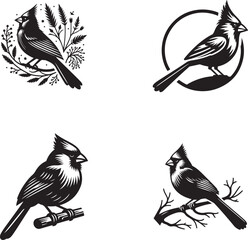 set of Northern Cardinal silhouette icon vector illustration on white background