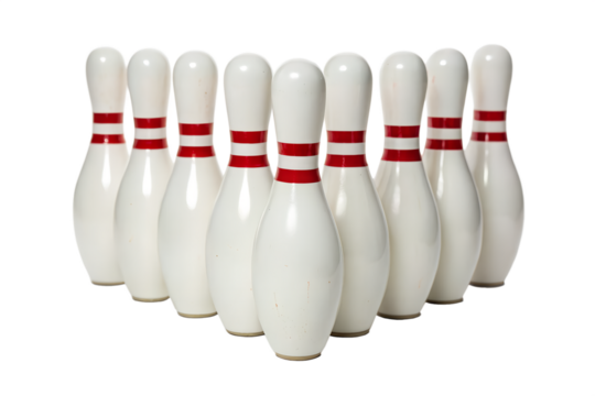 Bowling Pins Arranged on White Background, Game Setup, Sports Equipment