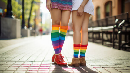 Close-up of legs with rainbow socks and pride on the street