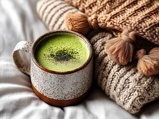 Warm cozy scene with a ceramic cup of matcha latte on a soft bed, next to a chunky knitted blanket with tassels. Relaxing and comforting atmosphere, perfect for autumn or winter wellness themes