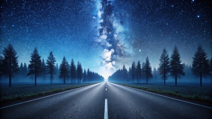 Naklejka premium Asphalt Road Leading Through a Misty Forest Under a Starry Night Sky