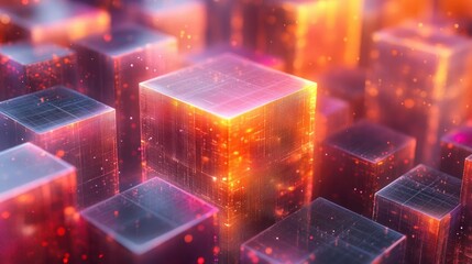Abstract glowing cubes.  A digital, futuristic cityscape of glowing blocks