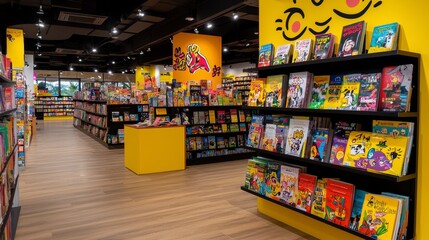 Fototapeta premium Bright Yellow Toy Store Interior with Colorful Toys and Books