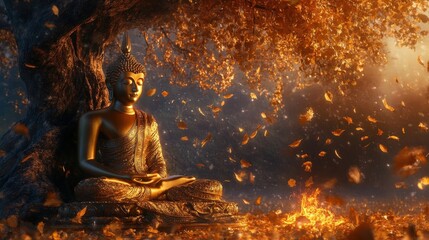 A golden Buddha statue sitting serenely under a glowing Bodhi tree with falling leaves, symbolizing enlightenment