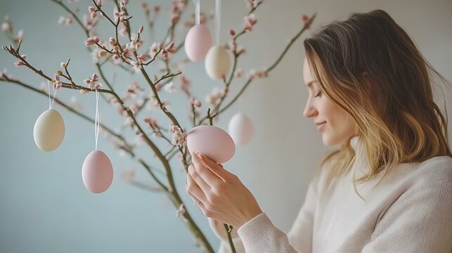 Modern entrepreneur embracing seasonal decor trends by hanging pastel Easter eggs on plant