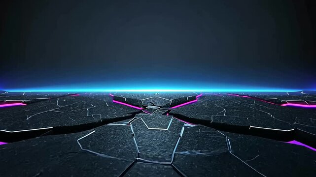 Futuristic cracked hex grid landscape, neon glow, dark background, digital art