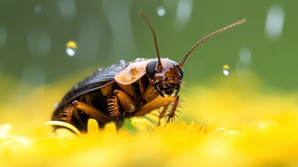 This stunning macro shot captures a cockroach perched on vibrant yellow flowers, showcasing intricate details and the beauty of nature in an unexpected way.