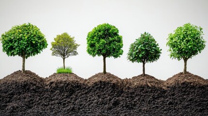 Row of small trees in soil, growth stages, environmental concept