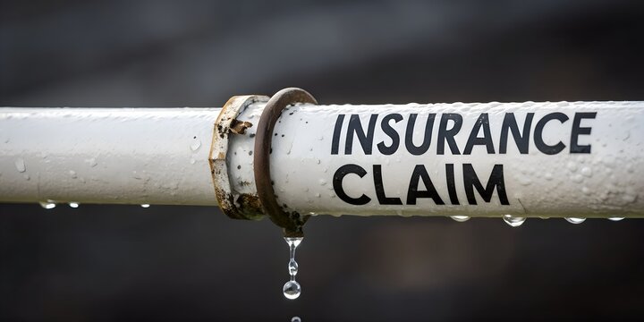 Damaged pipe labeled Insurance Claim with dripping water and rusted joint indicates plumbing failures, repair costs and water damage insurance banner and cover - Powered by Adobe