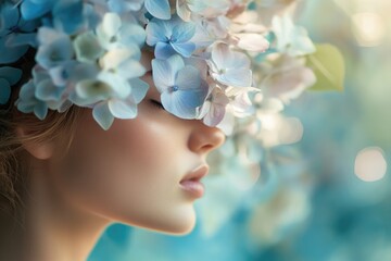 Serene woman with blue hydrangeas covering her eyes, peaceful and dreamy.