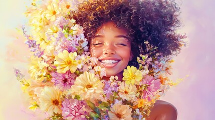 Joyful Woman Surrounded by a Burst of Colorful Flowers on a Soft Pastel Background