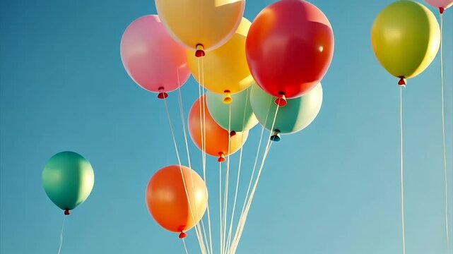 Colorful balloons float against a clear blue sky