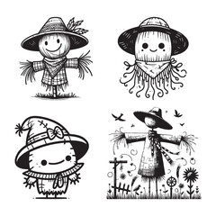 A collection of four different whimsical scarecrow designs, drawn in black and white.