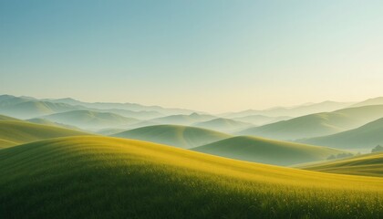 Naklejka premium Serene sunrise over rolling hills nature landscape photography tranquil environment soft focus viewpoint