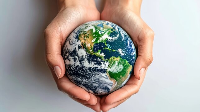 A white background features human hands embracing the earth, adorned with lush green foliage, to convey the concept of World Environment Day