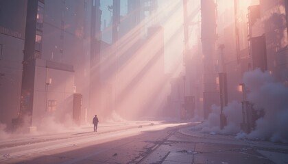 Ethereal journey of solitude futuristic cityscape digital art morning light wide angle exploration