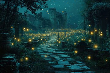 Obraz premium Enchanted stone path winds through ruins, illuminated by fireflies at night.