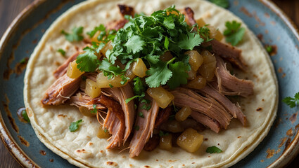 A succulent pulled pork taco with sweet pineapple salsa and fresh cilantro, nestled on a warm tortilla, photographed with soft lighting and a shallow depth of field.