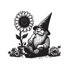Black and white illustration of a gnome sitting beside a sunflower and various flowers.