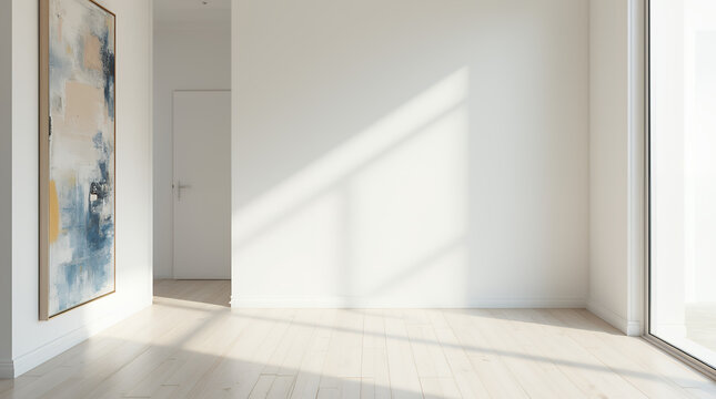 "Interior hallway with abstract painting on one side and empty white wall on the other, wide angle shot, minimal decor, space for copy"