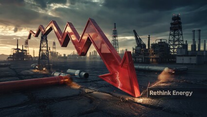 Red arrow pointing down in front of an oil pump jack and refinery, symbolizing falling oil prices.