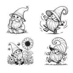 A collection of four playful gnome illustrations in different poses, including flowers, sunflowers, and actions.