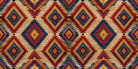 Vibrant geometric textile pattern with rich colors and intricate design.