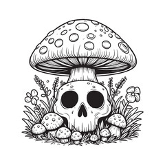 A detailed black and white illustration of a skull beneath a large mushroom with smaller mushrooms and plants.