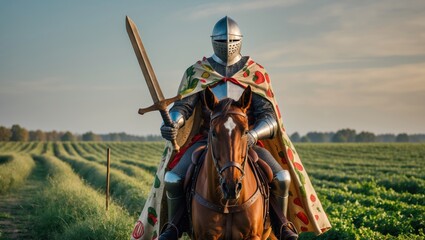 A knight in shining armor riding a horse through a lush green field, wearing a vibrant cape with floral patterns, under a bright sky.