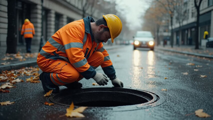 A construction worker in high-visibility orange overalls and a yellow hard hat is working near an open manhole on a city street with fallen leaves, suggesting maintenance or repair work.